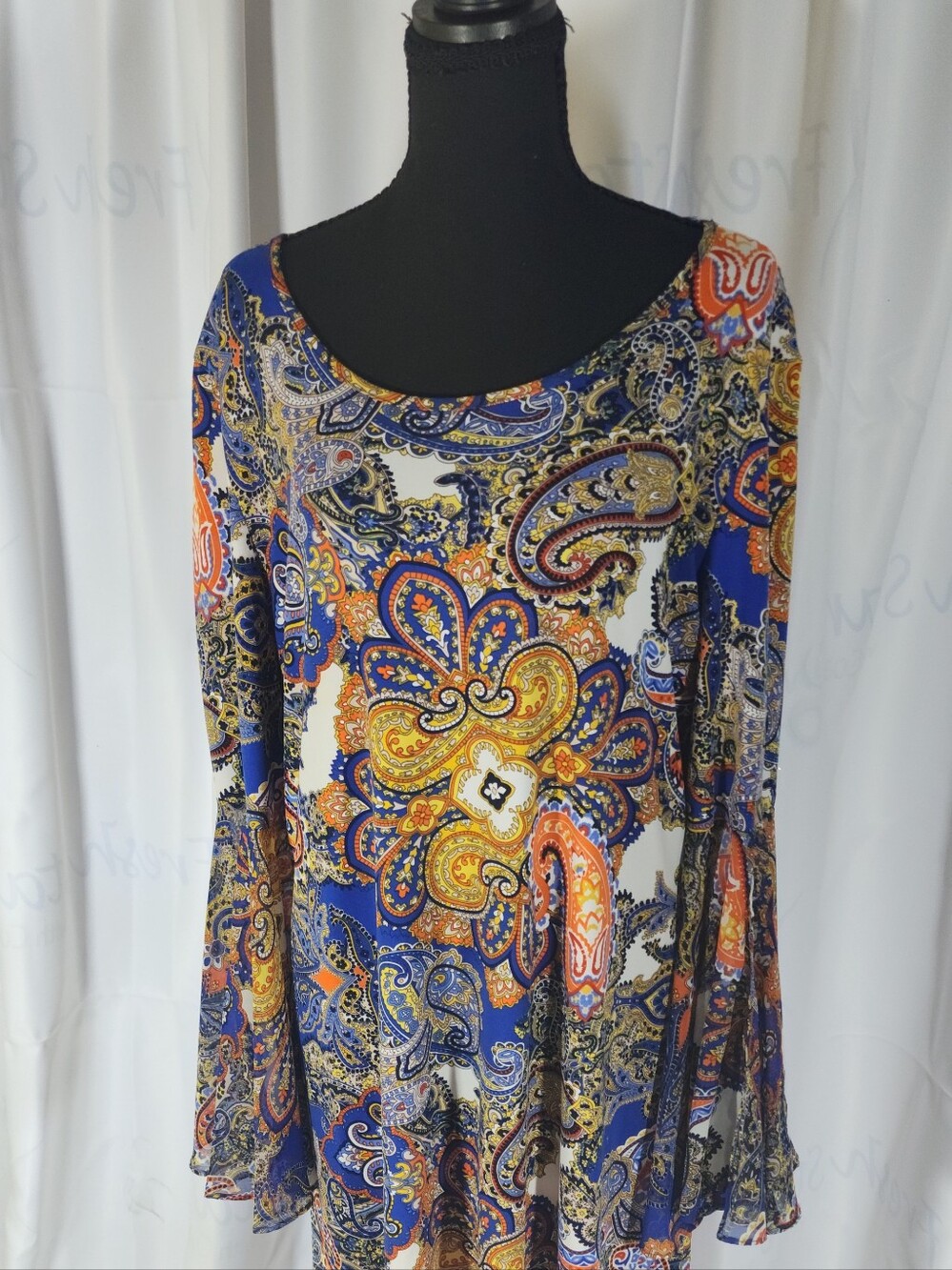 MSK Blue Paisley Floral Long-Sleeve Tunic with Orange and Yellow Accents